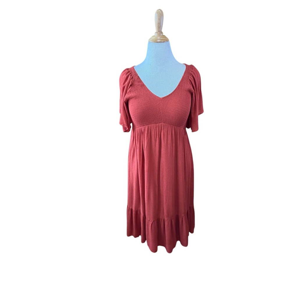 Baltic Born Marsala Red Smocked Empire Waist Midi Dress V-Neck Flutter Sleeve L